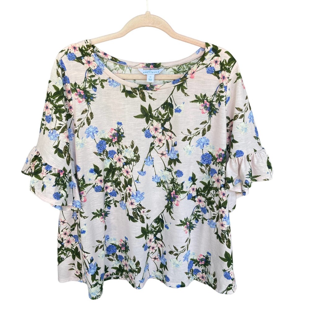 Boutique + Shirt Womens Plus Size 2X XXL Pink Floral Flutter Sleeve
